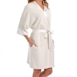 Best Pirce 💯 Pj Harlow 👩 women Shala Knit Robe With Pockets And Satin Trim in Eggnog ⌛