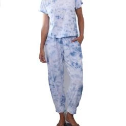 Best Sale ⌛ Pj Harlow 👩 women Jojo Cherry Cotton Jogger Paired With Short Sleeve T 👕 Shirt Set in Tie Dye Ocean Blue 🔔